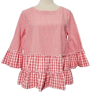 Ali Miles Oversized Red White Gingham Seersucker Tunic Top SZ Small 100% Cotton